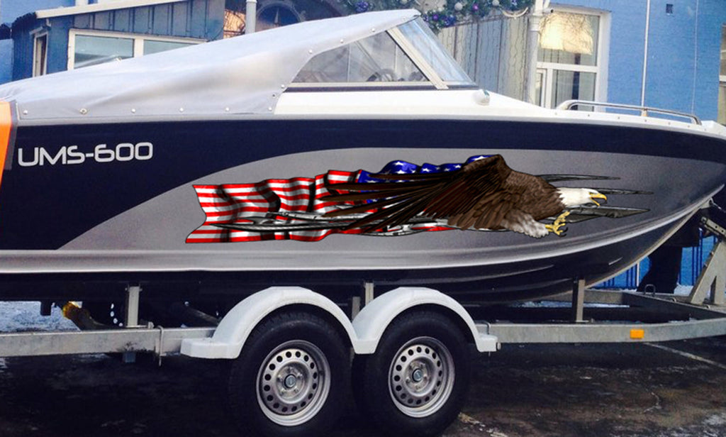 Boat Decals-Yacht American Pride Graphic Decal, American Flag Sticker Cigar Boat Wrap, 3D Tribal Ripped metal vinyl wrap, Stickers for Boat