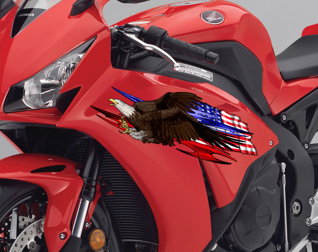 USA Racing Stickers, US Eagle Ripped Metal Motorcycle Vinyl, Dirt bike stickers, Dirt Bike Decals, American Flag Decals