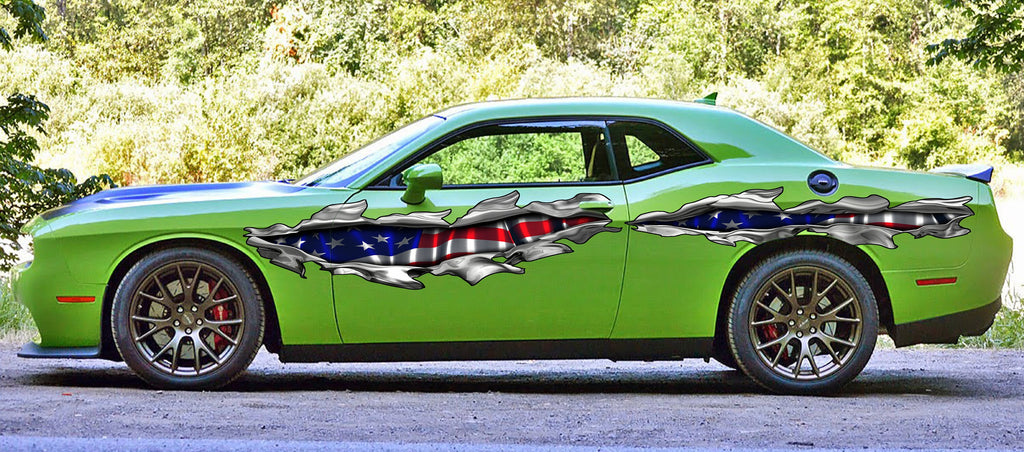 US Flag car wrap, American Pride Ripped Metal full color car vinyl design, USA Flag car vinyl decal, Patriotic car vinyl side sticker