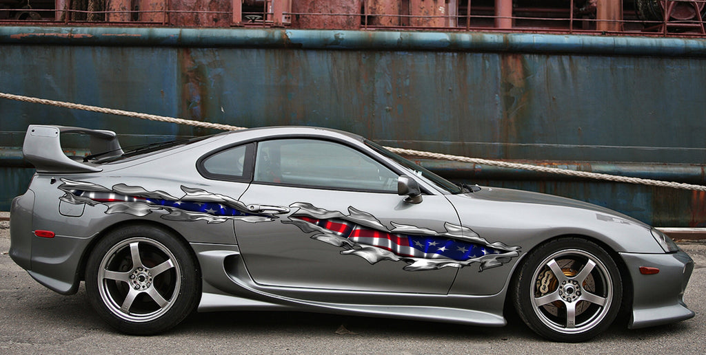 US Flag car wrap, American Pride Ripped Metal full color car vinyl design, USA Flag car vinyl decal, Patriotic car vinyl side sticker