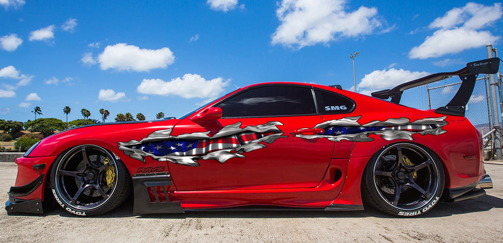 US Flag car wrap, American Pride Ripped Metal full color car vinyl design, USA Flag car vinyl decal, Patriotic car vinyl side sticker