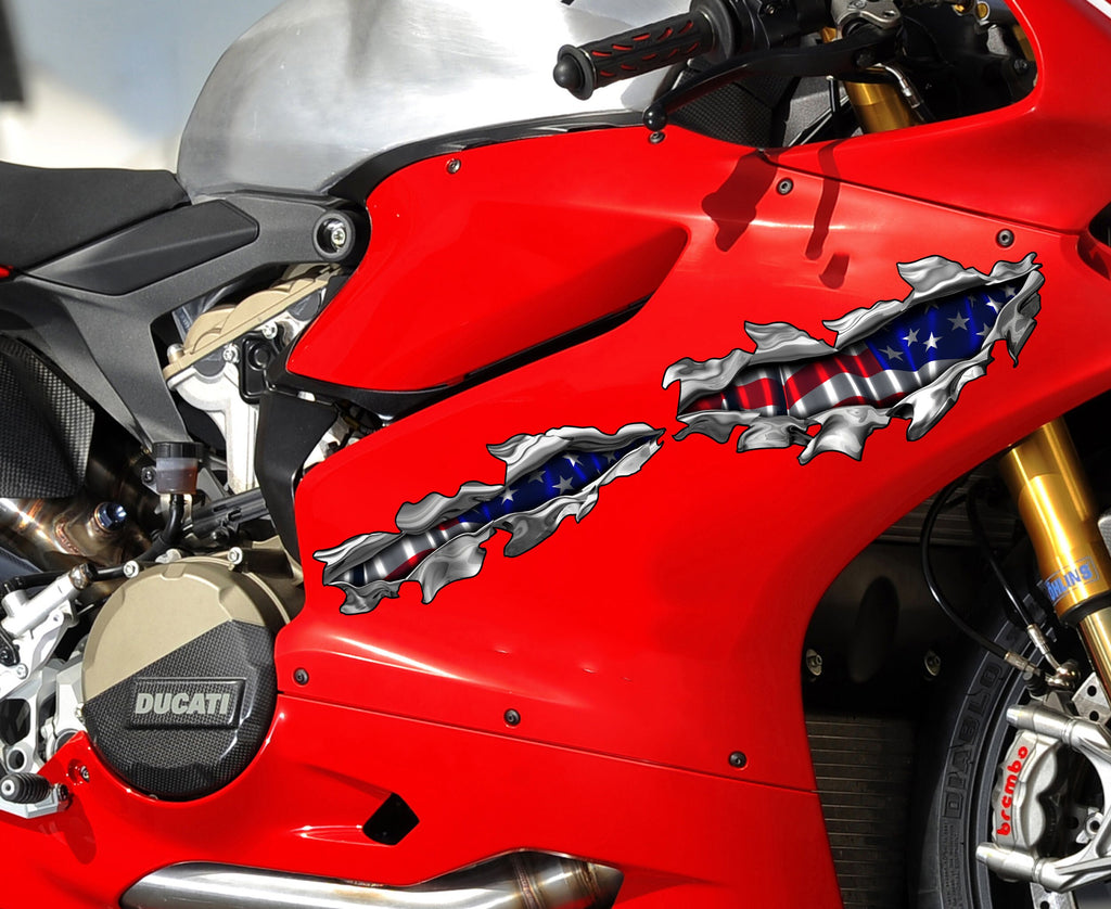 USA flag dirt bike Ripped Metal decals, US flag Racing Stickers, Patriotic motorcycle side wrap, American flag dirt bike graphics