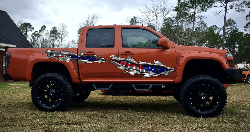 US Pride car vinyl decal, USA Flag Full Color car side graphics, 3D US Flag car side wrap, American pride Ripped Metal car vinyl design