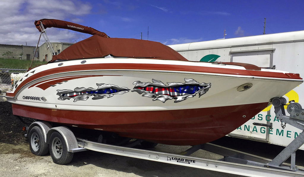 US Flag Ripped Metal Watercraft Vinyl Decal, USA Flag Cigar Boat Side Graphics, American Flag Full Color Yacht Graphics, Patriotic Sticker