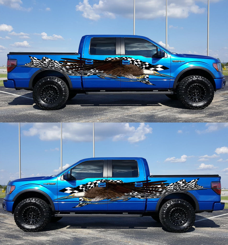 3D Bold eagle Car Wrap, Checkered Vinyl, Racing Graphics Vinyl, Car Wrap, Eagle Full Color Racing Stripes