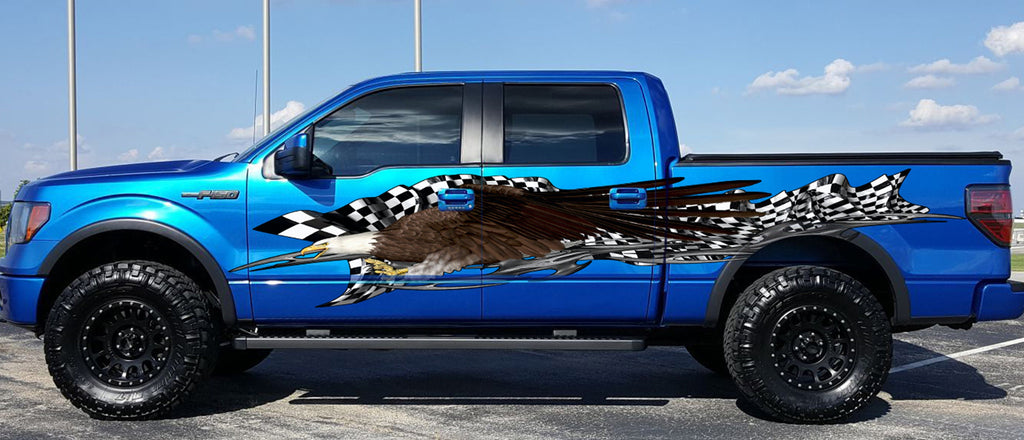 3D Bold eagle Car Wrap, Checkered Vinyl, Racing Graphics Vinyl, Car Wrap, Eagle Full Color Racing Stripes