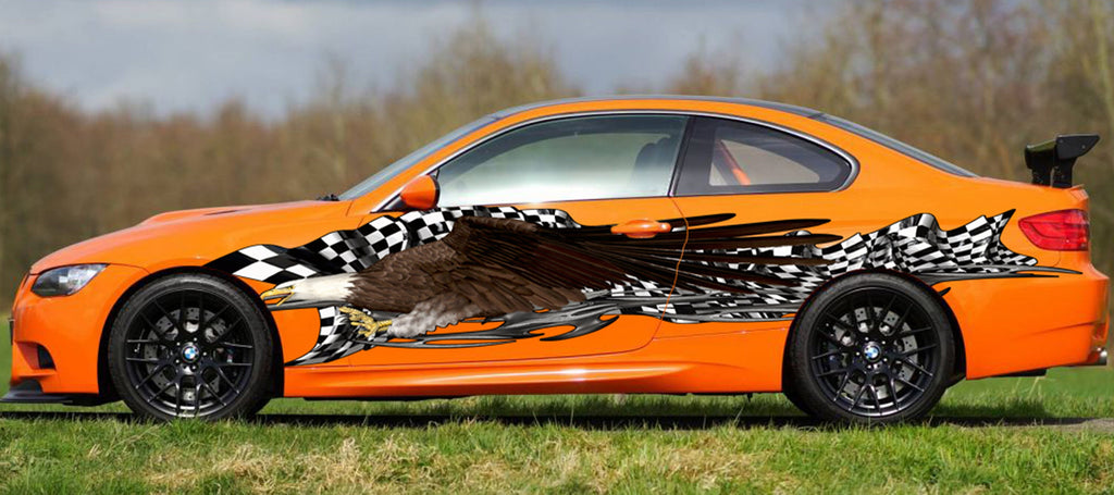 3D American Pride Car Wrap Ripped Metal Full Color Vinyl Design Patriotic Wrap Checkered Flag Stickers eagle flag décor