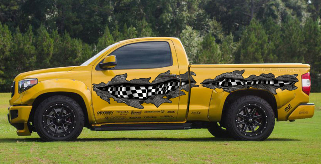 Ripped Metal Checkered Flag Car Vinyl 3D Car Graphic Checkered Flag Car Wrap, Racing Flag Car Vinyl, Flag Car Graphics