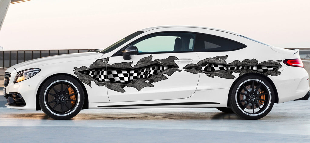 Ripped Metal Checkered Flag Street Racing Graphic, Car Vinyl Design Racing Flag Car Vinyl, Auto Wrap Tribal Checkered