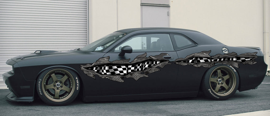 Car side tribal Racing flag graphic 3D Car Graphic Checkered Wrap Ripped Metal Full Color Vinyl Design Racing flag Wrap
