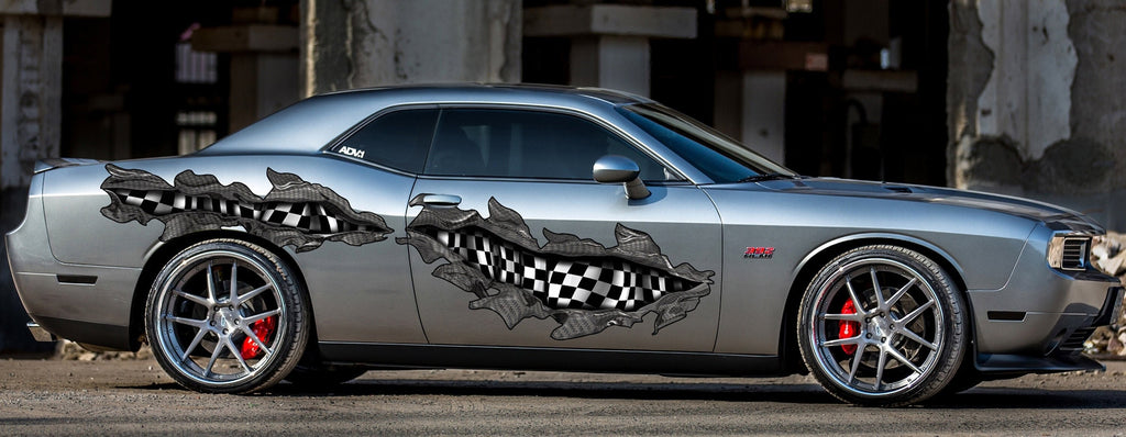 Car side tribal Racing flag graphic 3D Car Graphic Checkered Wrap Ripped Metal Full Color Vinyl Design Racing flag Wrap