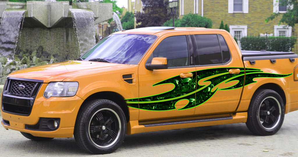 3D Skull graphic car wrap, Tribal Skulls street racing graphic, Full color tribal skulls car decal, Cool decals for cars, skull car sticker