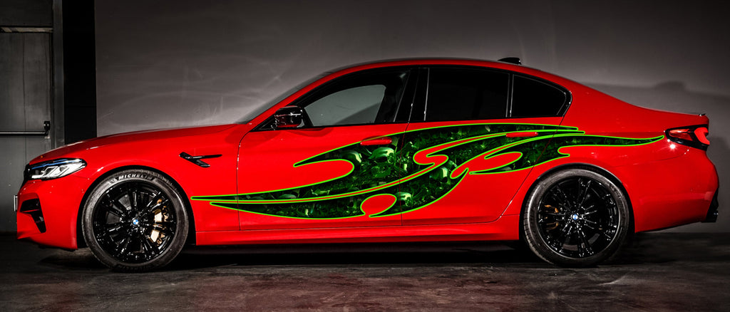 Ripped Metal full color Car vinyl Design, Tribal skull racing stripes, Skulls car graphics, Vinyl wrap design, Car wrap vinyl, Auto wrap