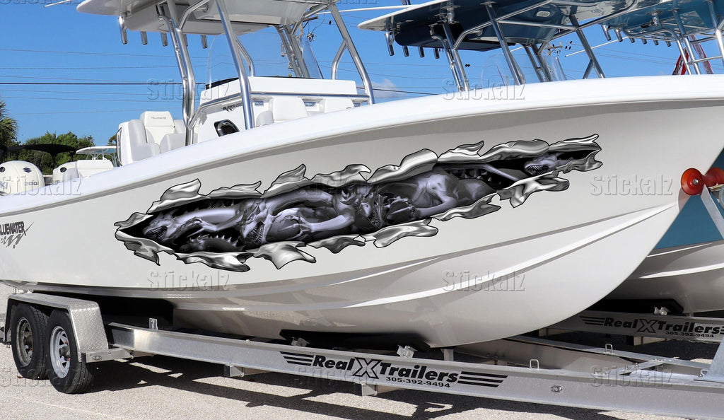 3D Watercraft Graphic Dragons Boat Wrap Ripped Metal Full Color Speed Boat Vinyl Design Dragons Yacht Wrap Sticker