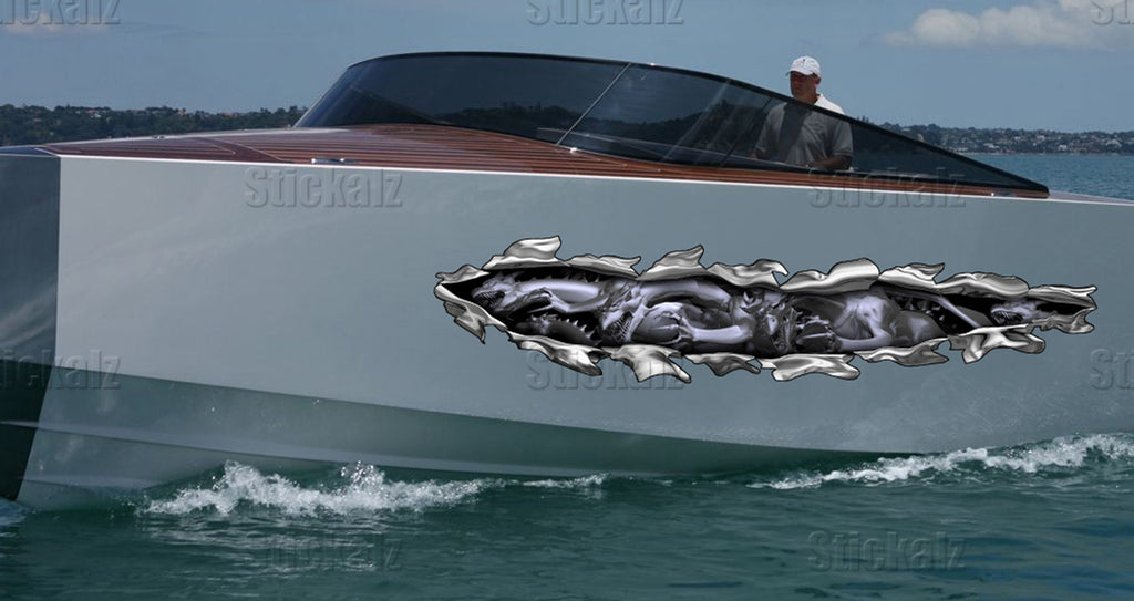 3D Watercraft Graphic Dragons Boat Wrap Ripped Metal Full Color Speed Boat Vinyl Design Dragons Yacht Wrap Sticker