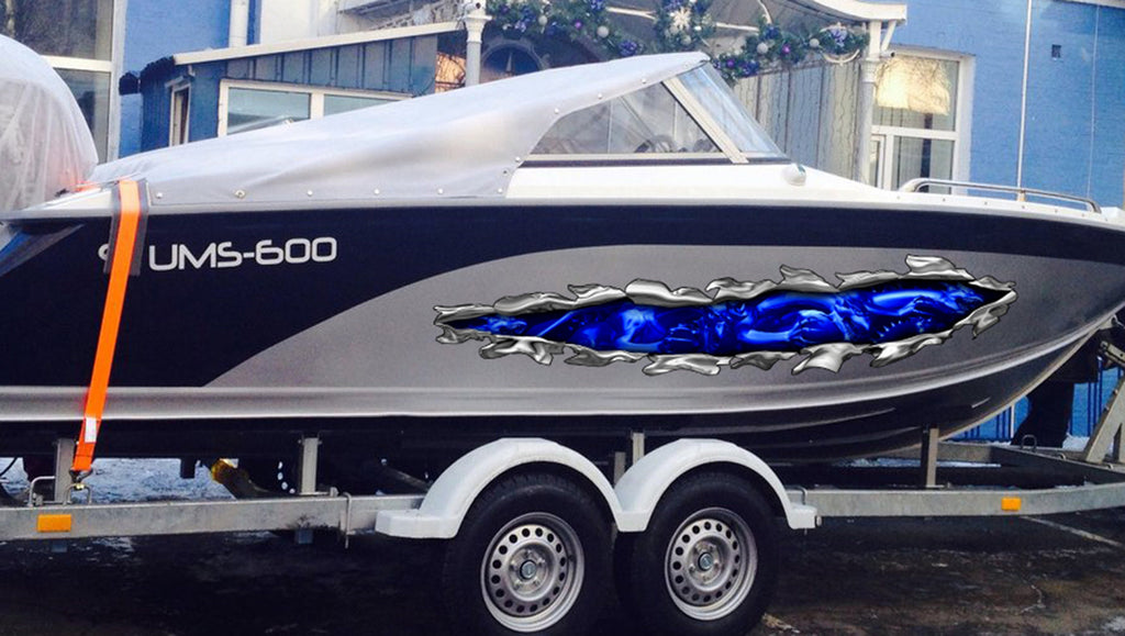 3D Dragons Tribal Ripped Metal Vinyl, Dragons Boat Wrap, Boat Decal, Tribal Flames Decals, Cigar Boat Wrap, Ranger Boat Decals and Stickers
