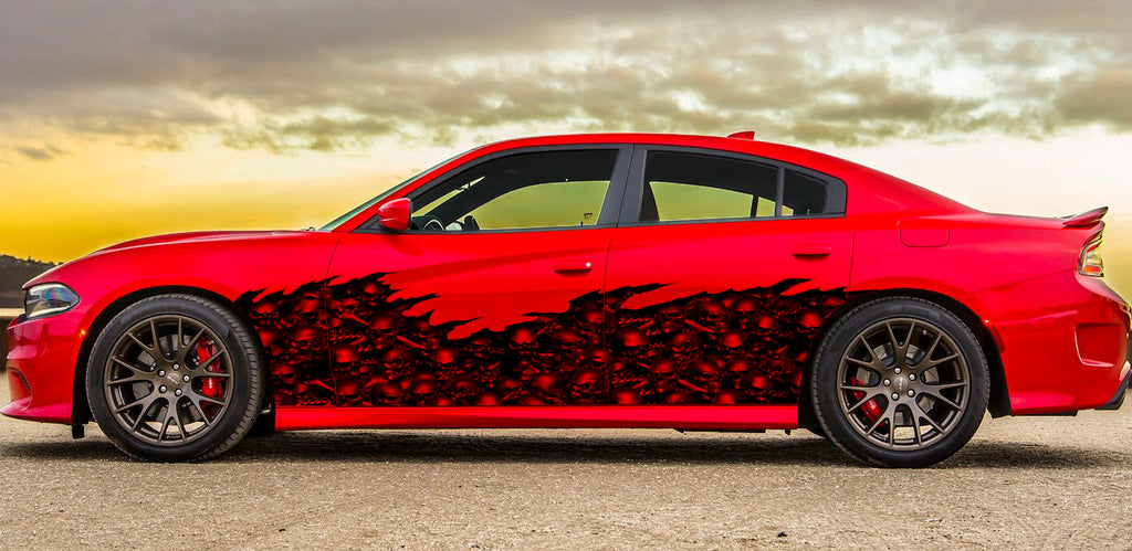 Car wrap for Sport Cars, Tribal skull racing stripes, 3D street racing graphic decal, Full color tribal unique stickers