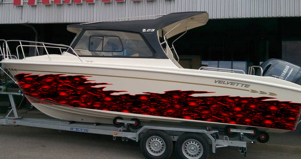 3D Watercraft Graphic Skull Decal For Boat Ripped Metal-Full Color Speed Tribal Flames Decals Automotive Vinyl Wraps