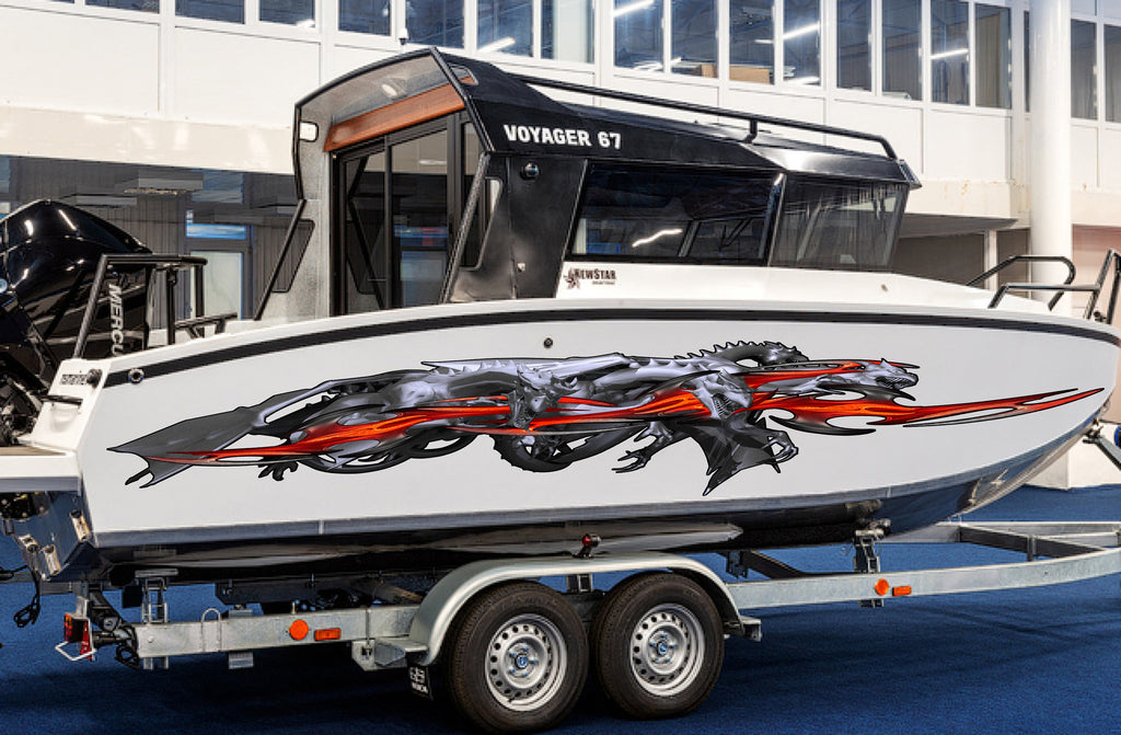 3D Dragons Boat Graphics, Lizard Full Color Speed Boat Vinyl Design, Dragon Cigar Boat Wrap, Lizard Yacht Vinyl Sticker