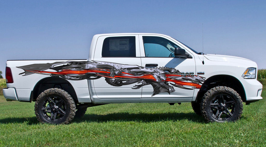 3D Dragons racing stripes vinyl side graphics, Lizard full color car side graphics, Dragon car vinyl design, Lizard car side wrap
