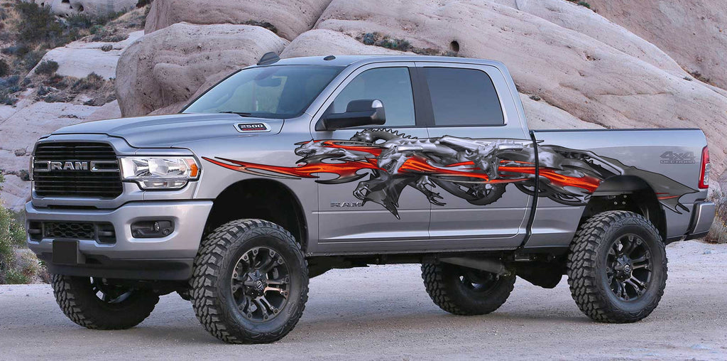 3D Dragons racing stripes vinyl side graphics, Lizard full color car side graphics, Dragon car vinyl design, Lizard car side wrap