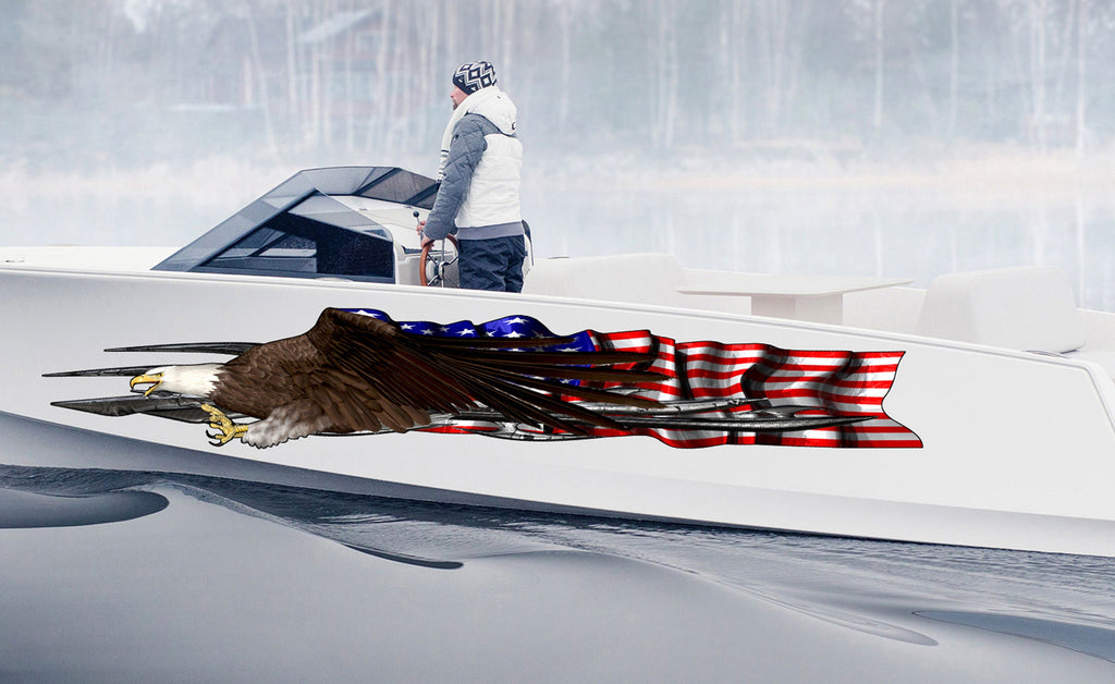 3D US Flag Boat Graphics Ripped Metal Full Color Speed Boat Vinyl Design, US eagle Cigar Boat Wrap Yacht Vinyl, Watercraft Sticker Design