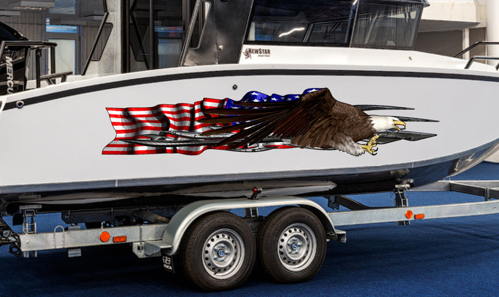 3D US Flag Boat Graphics Ripped Metal Full Color Speed Boat Vinyl Design, US eagle Cigar Boat Wrap Yacht Vinyl, Watercraft Sticker Design