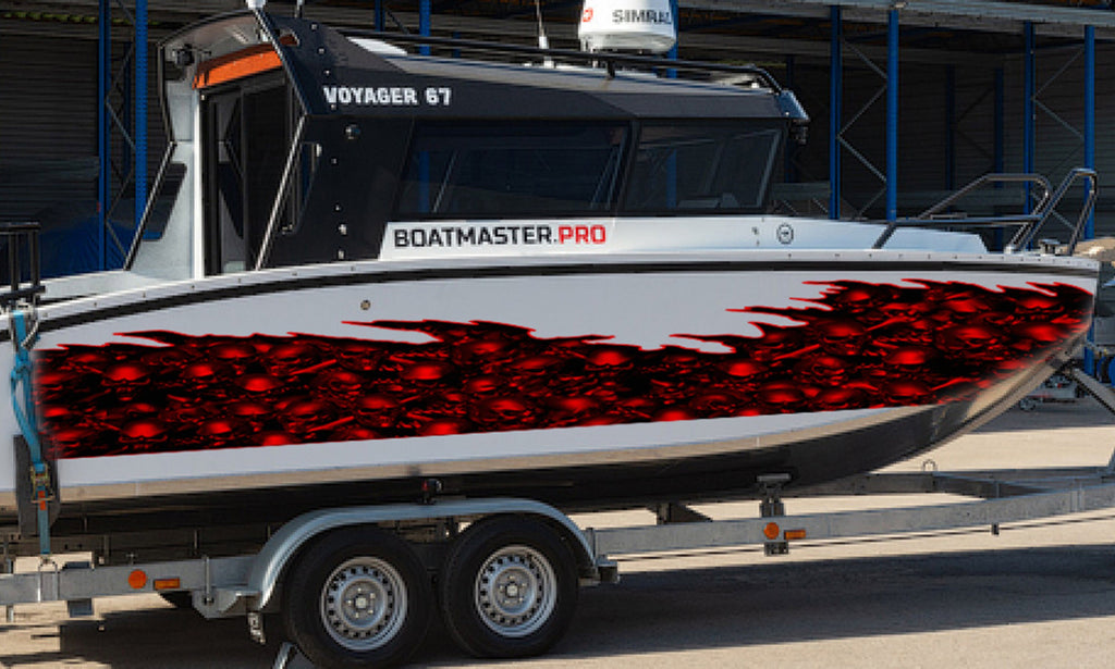 3D Scull Ripped Metal Watercraft Vinyl, Full Color Yacht Graphics, Tribal skulls yacht graphics, Scull Cigar Boat Side Graphics