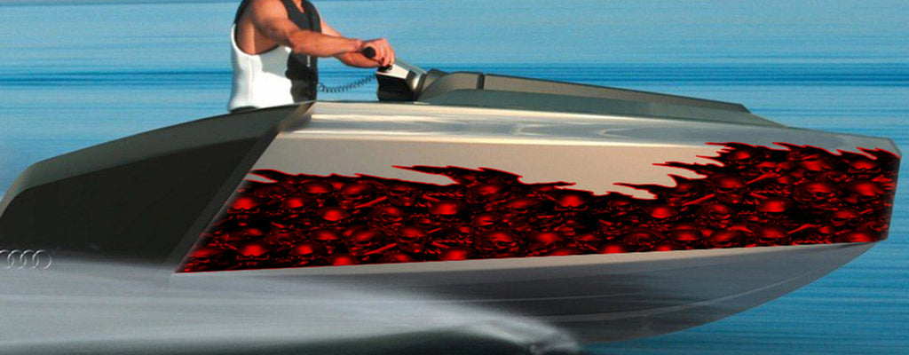 3D Scull Ripped Metal Watercraft Vinyl, Full Color Yacht Graphics, Tribal skulls yacht graphics, Scull Cigar Boat Side Graphics