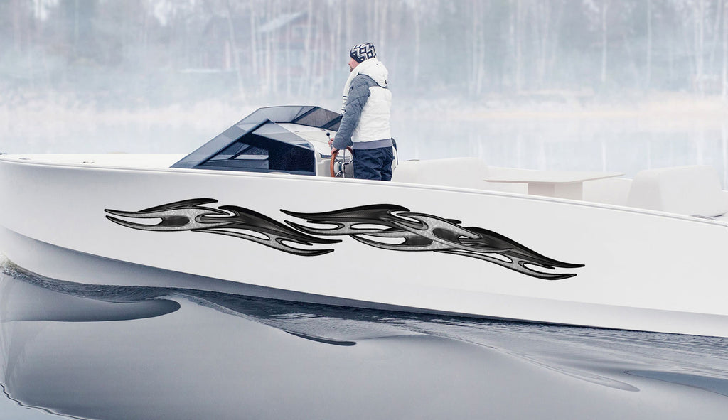 Full Color Yacht Graphics, Tribal Ripped Metal Cigar Boat Decal, Watercraft Vinyl Sticker, Tribal Cigar Boat Side Graphics