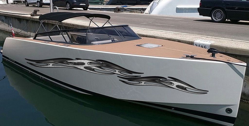 Full Color Yacht Graphics, Tribal Ripped Metal Cigar Boat Decal, Watercraft Vinyl Sticker, Tribal Cigar Boat Side Graphics