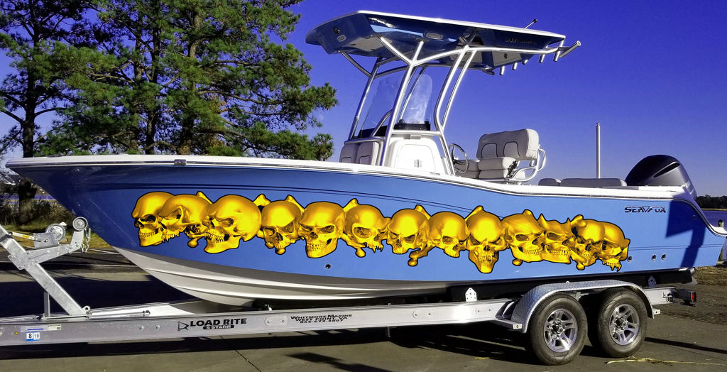 3D Skulls Boat Graphics, Full Color Speed Boat Vinyl Design, Scull Cigar Boat Wrap, Sculls Yacht Vinyl, Sculls Watercraft Sticker Design