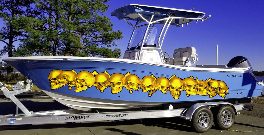3D Skulls Yacht Vinyl Wrap, Skull Boat Decals, Watercraft Vinyl Graphics, Tribal Yacht Vinyl, Ranger Boat Decals