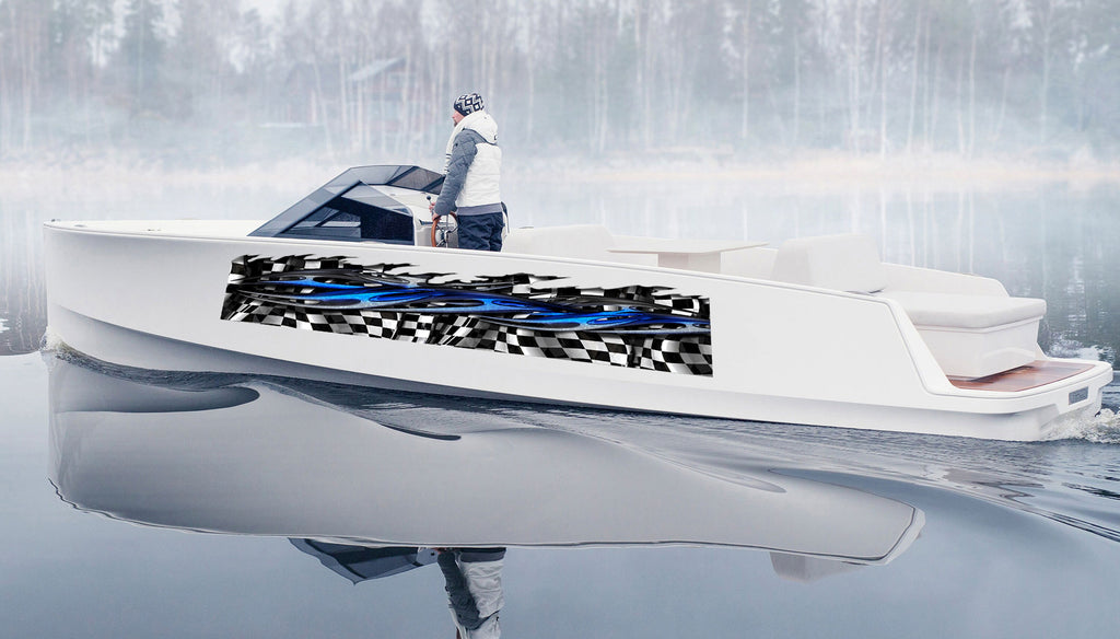 Yacht Vinyl Sticker Design, 3D Checkered flag Boat Graphics Ripped Metal Full Color Speed Boat Vinyl Design, Racing flag Cigar Boat Wrap