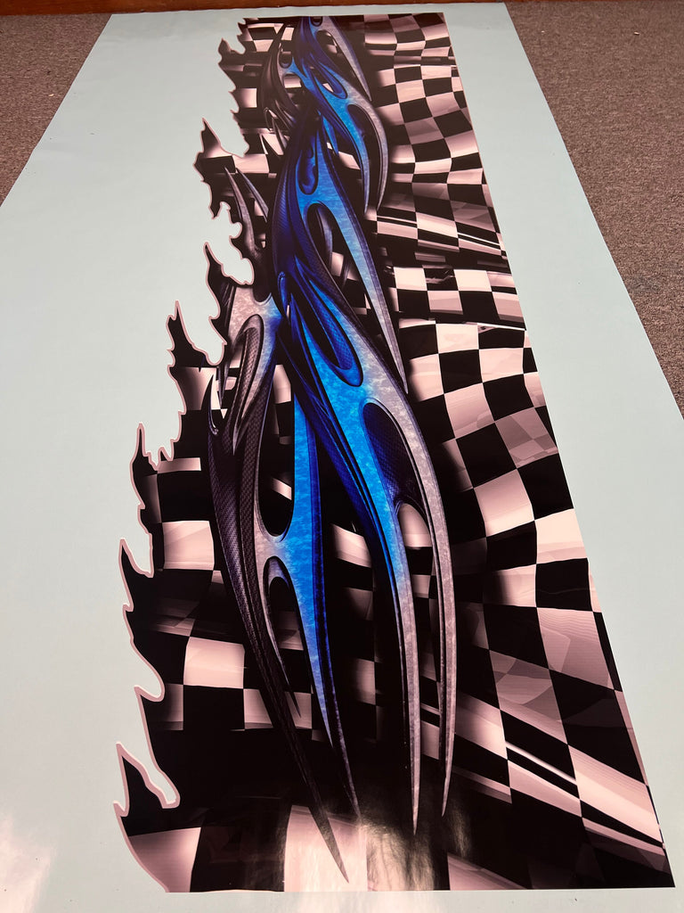 Yacht Vinyl Sticker Design, 3D Checkered flag Boat Graphics Ripped Metal Full Color Speed Boat Vinyl Design, Racing flag Cigar Boat Wrap