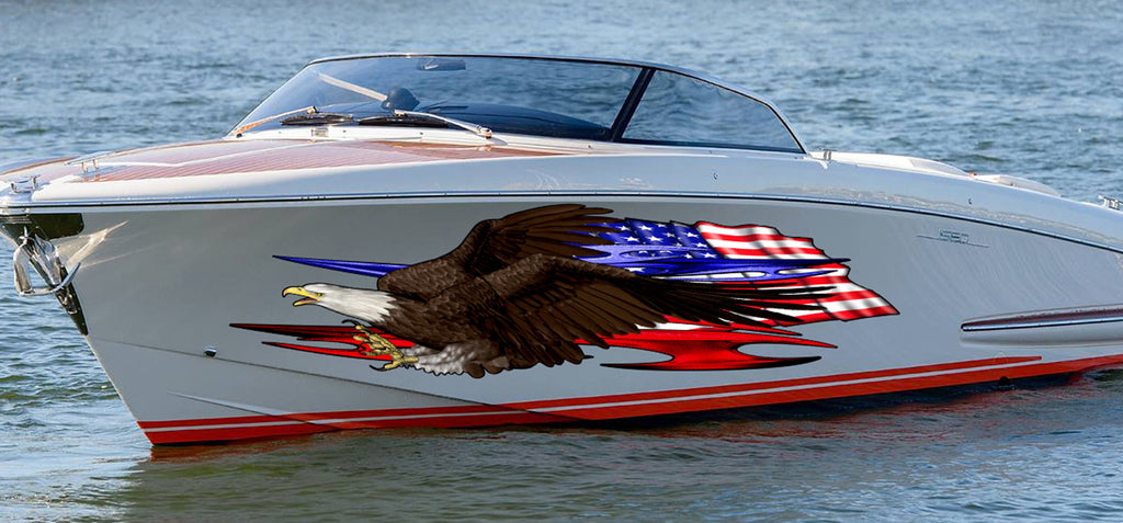 US eagle Cigar Boat Wrap Yacht Vinyl, Watercraft Sticker Design, 3D US Flag Boat Graphics Ripped Metal Full Color Speed Boat Vinyl Design