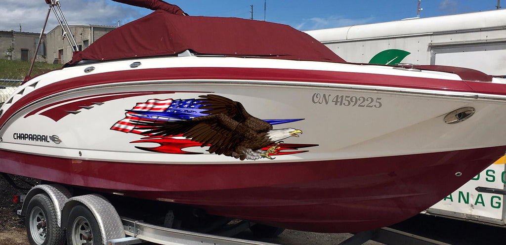 US Bald Eagle Full Color Yacht Graphics, USA Flag Ripped Metal Watercraft Vinyl, American pride Cigar Boat Side Graphics, Patriotic Sticker