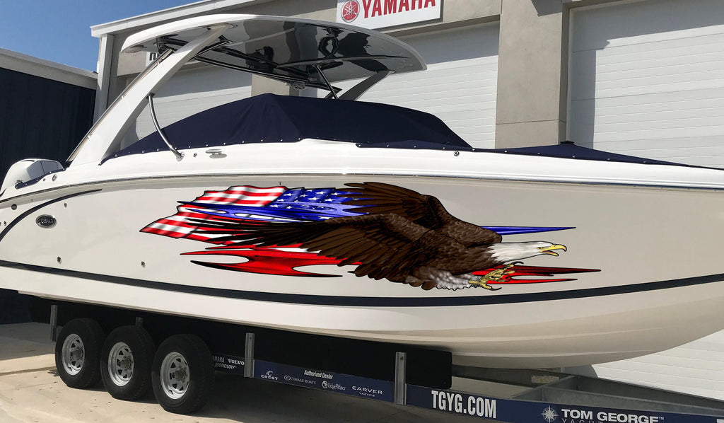 US eagle Cigar Boat Wrap Yacht Vinyl, Watercraft Sticker Design, 3D US Flag Boat Graphics Ripped Metal Full Color Speed Boat Vinyl Design