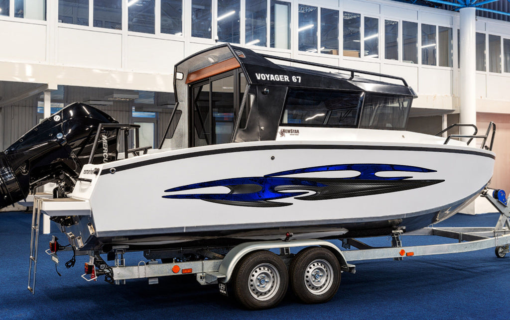 3D Tribal Ripped Metal Watercraft Vinyl, Tribal Cigar Boat Side Graphics, Full Color Yacht Graphics, Sword Sticker Design Powerboat