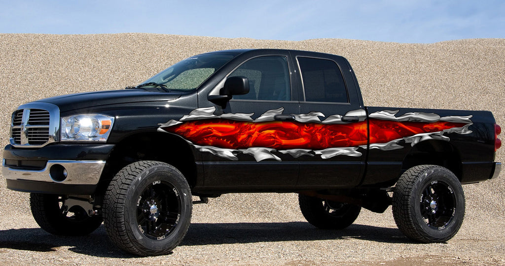 Ripped Metal full color car vinyl design, 3D Dragons racing stripes vinyl side graphics, Dragon car vinyl decal, Lizard car side wrap