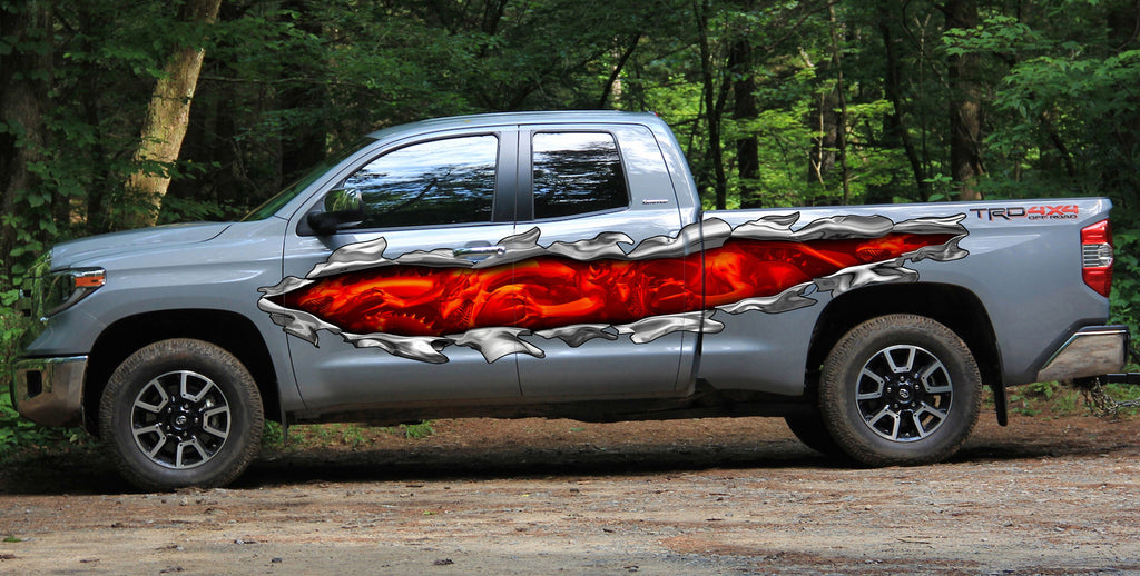 Ripped Metal full color car vinyl design, 3D Dragons racing stripes vinyl side graphics, Dragon car vinyl decal, Lizard car side wrap