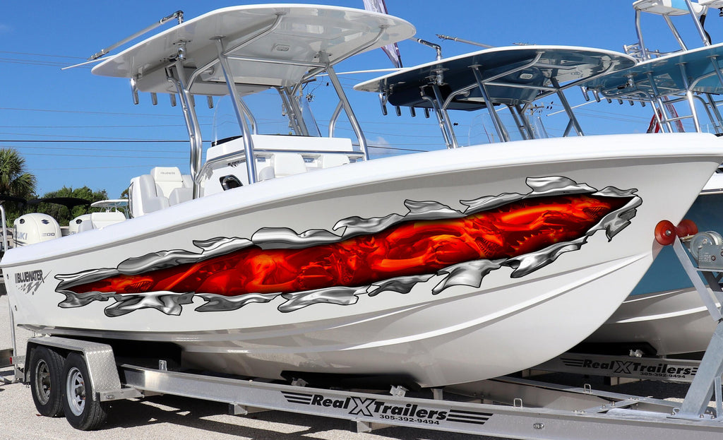 Fiery Dragons Ripped Metal Yacht Decals, Flames Dragons Boat Vinyl Wrap, Dragons Watercraft stickers, 3D Dragon Boat Vinyl Graphics