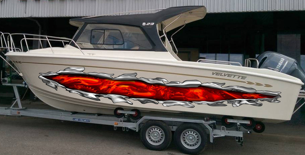 Fiery Dragons Ripped Metal Yacht Decals, Flames Dragons Boat Vinyl Wrap, Dragons Watercraft stickers, 3D Dragon Boat Vinyl Graphics