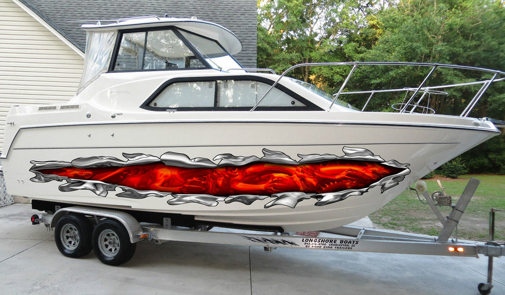 Fiery Dragons Ripped Metal Yacht Decals, Flames Dragons Boat Vinyl Wrap, Dragons Watercraft stickers, 3D Dragon Boat Vinyl Graphics