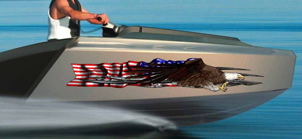US Flag Ripped Metal Watercraft Vinyl, USA Flag Cigar Boat Side Graphics, US eagle Full Color Yacht Graphics