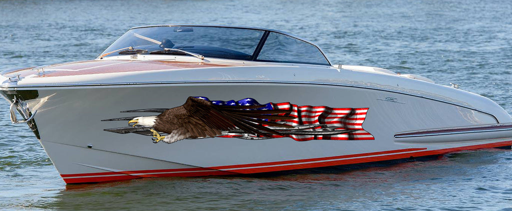 3D US Flag Boat Graphics Ripped Metal Full Color Speed Boat Vinyl Design, US eagle Cigar Boat Wrap, Yacht Vinyl, Watercraft Sticker Design