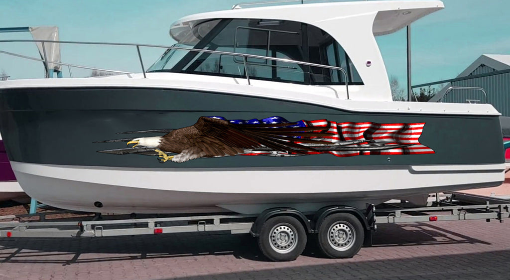 3D US Flag Boat Graphics Ripped Metal Full Color Speed Boat Vinyl Design, US eagle Cigar Boat Wrap, Yacht Vinyl, Watercraft Sticker Design