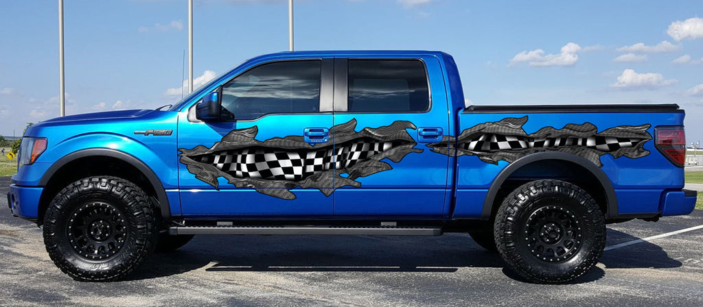 Racing flag car decal, 3D Checkered flag Car Vinyl Side Graphics, Racing flag car vinyl side wrap, Ripped Metal Full Color Car Vinyl