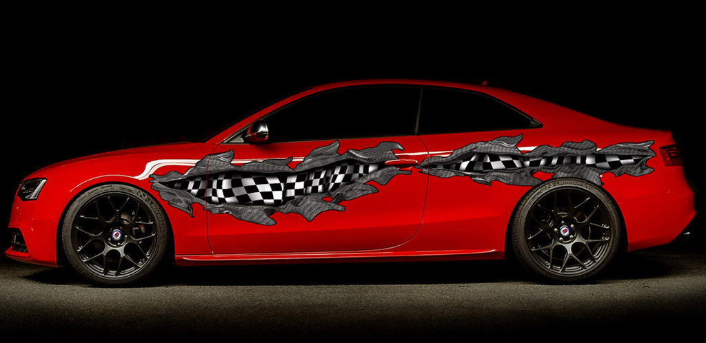 Checkered flag street racing graphic, Racing flag decal for car, Checkered flag car vinyl graphics, Flag Ripped Metal Car Vinyl sticker