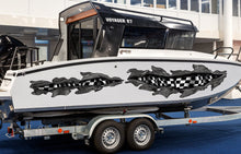 Load image into Gallery viewer, Racing flag Ripped Metal Watercraft Vinyl, Checkered flag Boat Side Graphics, Full Color Yacht Graphics, Tribal Flag boat decal